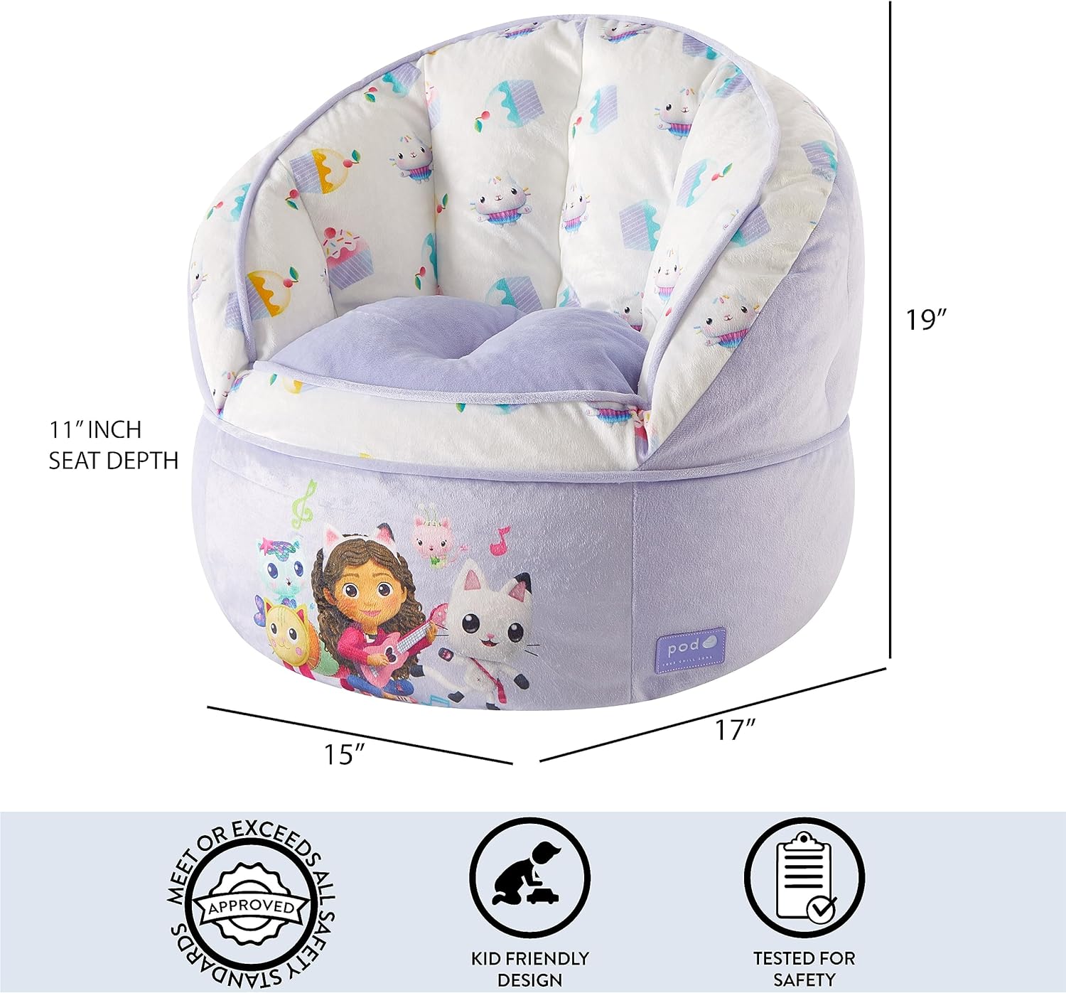Idea Nuova Gabbys Dollhouse Purple Round Bean Bag Chair for Kids features